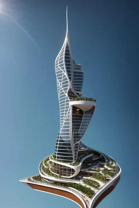 A futuristic and stunningly beautiful high-rise shopping center architectural structure with bold, futuristic design elements, blending seamlessly into the art form of digital illustration. Inspired by the works of Syd Mead. The scene showcases the center amidst a bustling city, its sleek lines contrasting with the urban environment. A warm color temperature adds vibrancy, highlighting the architectural details. Shoppers and visitors exhibit expressions of awe and excitement. Illuminated by soft, diffused lighting, the atmosphere exudes sophistication and promise of tomorrow
(masterpiece),(high quality), best quality, real,(realistic), super detailed, (full detail),(4k),8k,no humans, scenery, building, ((500-meter tall buildings)),outdoors, window, road, sky, street, lamppost, tree, power lines,,Organic modernist architecture, glass curtain walls, interesting shapes, super high-rise buildings in the block
