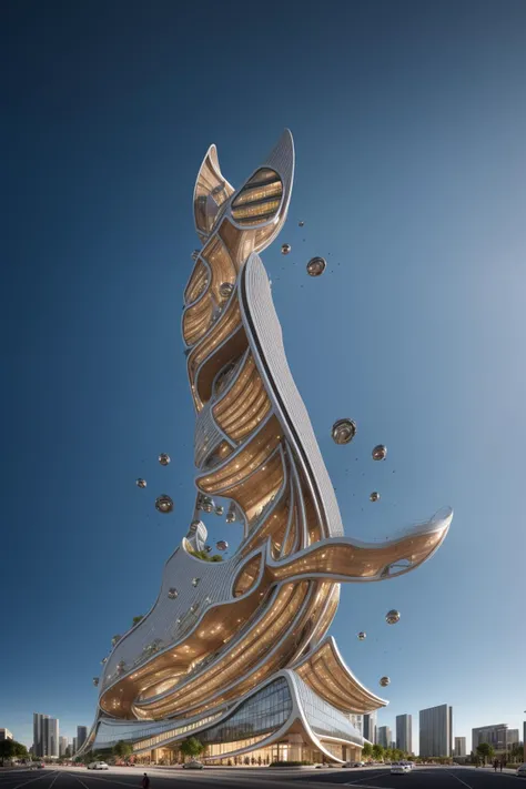 A futuristic and stunningly beautiful high-rise shopping center architectural structure with bold, futuristic design elements, blending seamlessly into the art form of digital illustration. Inspired by the works of Syd Mead. The scene showcases the center amidst a bustling city, its sleek lines contrasting with the urban environment. A warm color temperature adds vibrancy, highlighting the architectural details. Shoppers and visitors exhibit expressions of awe and excitement. Illuminated by soft, diffused lighting, the atmosphere exudes sophistication and promise of tomorrow
(masterpiece),(high quality), best quality, real,(realistic), super detailed, (full detail),(4k),8k,no humans, scenery, building, ((500-meter tall buildings)),outdoors, window, road, sky, street, lamppost, tree, power lines,,Organic modernist architecture, glass curtain walls, interesting shapes, super high-rise buildings in the block
