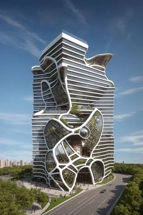 A futuristic and stunningly beautiful high-rise shopping center architectural structure with bold, futuristic design elements, blending seamlessly into the art form of digital illustration. Inspired by the works of Syd Mead. The scene showcases the center amidst a bustling city, its sleek lines contrasting with the urban environment. A warm color temperature adds vibrancy, highlighting the architectural details. Shoppers and visitors exhibit expressions of awe and excitement. Illuminated by soft, diffused lighting, the atmosphere exudes sophistication and promise of tomorrow
(masterpiece),(high quality), best quality, real,(realistic), super detailed, (full detail),(4k),8k,no humans, scenery, building, ((500-meter tall buildings)),outdoors, window, road, sky, street, lamppost, tree, power lines,,Organic modernist architecture, glass curtain walls, interesting shapes, super high-rise buildings in the block