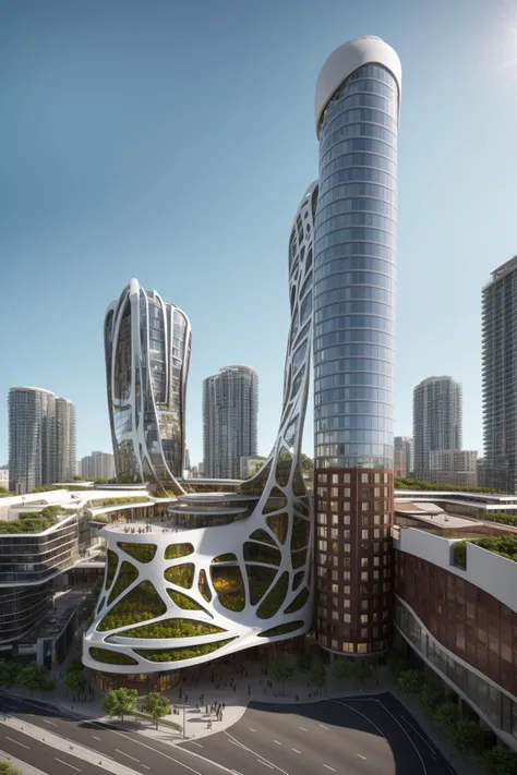 A futuristic and stunningly beautiful high-rise shopping center architectural structure with bold, futuristic design elements, blending seamlessly into the art form of digital illustration. Inspired by the works of Syd Mead. The scene showcases the center amidst a bustling city, its sleek lines contrasting with the urban environment. A warm color temperature adds vibrancy, highlighting the architectural details. Shoppers and visitors exhibit expressions of awe and excitement. Illuminated by soft, diffused lighting, the atmosphere exudes sophistication and promise of tomorrow
(masterpiece),(high quality), best quality, real,(realistic), super detailed, (full detail),(4k),8k,no humans, scenery, building, ((500-meter tall buildings)),outdoors, window, road, sky, street, lamppost, tree, power lines,,Organic modernist architecture, glass curtain walls, interesting shapes, super high-rise buildings in the block