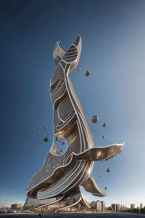 A futuristic and stunningly beautiful high-rise shopping center architectural structure with bold, futuristic design elements, blending seamlessly into the art form of digital illustration. Inspired by the works of Syd Mead. The scene showcases the center amidst a bustling city, its sleek lines contrasting with the urban environment. A warm color temperature adds vibrancy, highlighting the architectural details. Shoppers and visitors exhibit expressions of awe and excitement. Illuminated by soft, diffused lighting, the atmosphere exudes sophistication and promise of tomorrow
(masterpiece),(high quality), best quality, real,(realistic), super detailed, (full detail),(4k),8k,no humans, scenery, building, ((500-meter tall buildings)),outdoors, window, road, sky, street, lamppost, tree, power lines,,Organic modernist architecture, glass curtain walls, interesting shapes, super high-rise buildings in the block