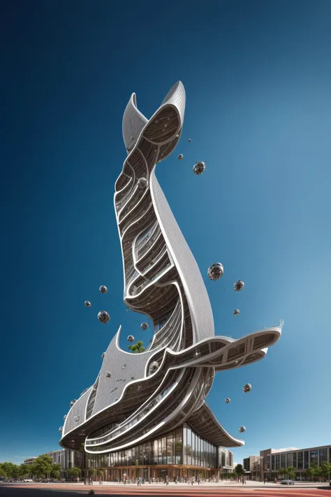 A futuristic and stunningly beautiful high-rise shopping center architectural structure with bold, futuristic design elements, blending seamlessly into the art form of digital illustration. Inspired by the works of Syd Mead. The scene showcases the center amidst a bustling city, its sleek lines contrasting with the urban environment. A warm color temperature adds vibrancy, highlighting the architectural details. Shoppers and visitors exhibit expressions of awe and excitement. Illuminated by soft, diffused lighting, the atmosphere exudes sophistication and promise of tomorrow
(masterpiece),(high quality), best quality, real,(realistic), super detailed, (full detail),(4k),8k,no humans, scenery, building, ((500-meter tall buildings)),outdoors, window, road, sky, street, lamppost, tree, power lines,,Organic modernist architecture, glass curtain walls, interesting shapes, super high-rise buildings in the block