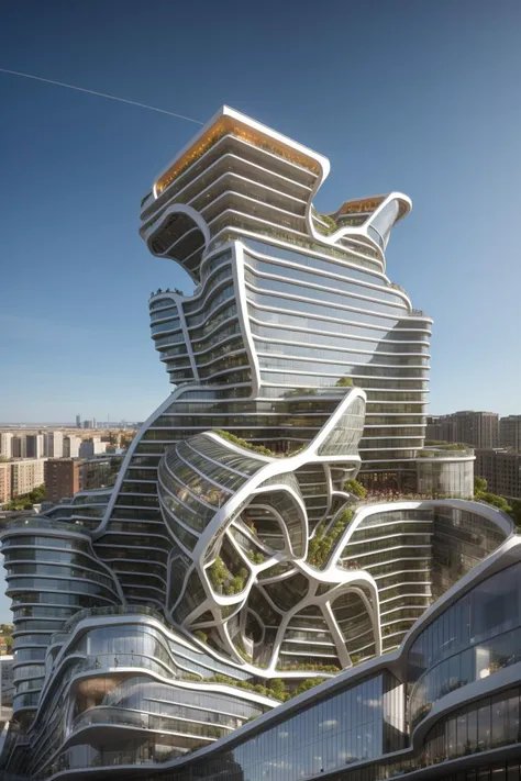 A futuristic and stunningly beautiful high-rise shopping center architectural structure with bold, futuristic design elements, blending seamlessly into the art form of digital illustration. Inspired by the works of Syd Mead. The scene showcases the center amidst a bustling city, its sleek lines contrasting with the urban environment. A warm color temperature adds vibrancy, highlighting the architectural details. Shoppers and visitors exhibit expressions of awe and excitement. Illuminated by soft, diffused lighting, the atmosphere exudes sophistication and promise of tomorrow
(masterpiece),(high quality), best quality, real,(realistic), super detailed, (full detail),(4k),8k,no humans, scenery, building, ((500-meter tall buildings)),outdoors, window, road, sky, street, lamppost, tree, power lines,,Organic modernist architecture, glass curtain walls, interesting shapes, super high-rise buildings in the block