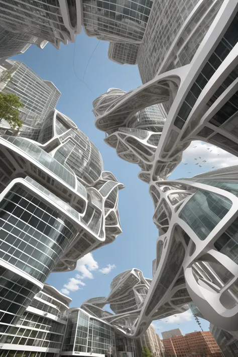 A futuristic and stunningly beautiful high-rise shopping center architectural structure with bold, futuristic design elements, blending seamlessly into the art form of digital illustration. Inspired by the works of Syd Mead. The scene showcases the center amidst a bustling city, its sleek lines contrasting with the urban environment. A warm color temperature adds vibrancy, highlighting the architectural details. Shoppers and visitors exhibit expressions of awe and excitement. Illuminated by soft, diffused lighting, the atmosphere exudes sophistication and promise of tomorrow
(masterpiece),(high quality), best quality, real,(realistic), super detailed, (full detail),(4k),8k,no humans, scenery, building, ((500-meter tall buildings)),outdoors, window, road, sky, street, lamppost, tree, power lines,,Organic modernist architecture, glass curtain walls, interesting shapes, super high-rise buildings in the block