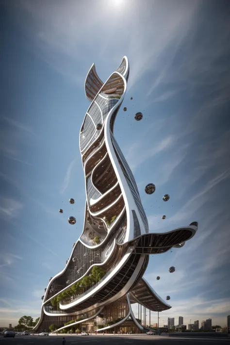 A futuristic and stunningly beautiful high-rise shopping center architectural structure with bold, futuristic design elements, blending seamlessly into the art form of digital illustration. Inspired by the works of Syd Mead. The scene showcases the center amidst a bustling city, its sleek lines contrasting with the urban environment. A warm color temperature adds vibrancy, highlighting the architectural details. Shoppers and visitors exhibit expressions of awe and excitement. Illuminated by soft, diffused lighting, the atmosphere exudes sophistication and promise of tomorrow
(masterpiece),(high quality), best quality, real,(realistic), super detailed, (full detail),(4k),8k,no humans, scenery, building, ((500-meter tall buildings)),outdoors, window, road, sky, street, lamppost, tree, power lines,,Organic modernist architecture, glass curtain walls, interesting shapes, super high-rise buildings in the block