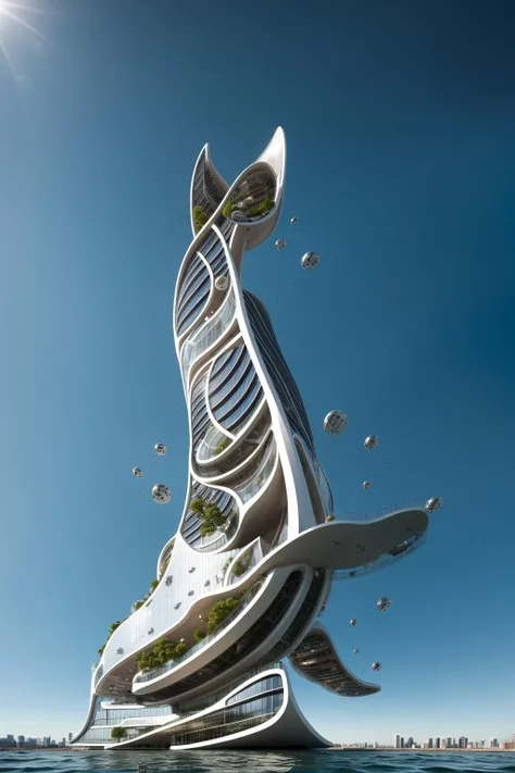 (floating in the sea:1.4) A futuristic and stunningly beautiful high-rise shopping center architectural structure with bold, futuristic design elements, blending seamlessly into the art form of digital illustration. Inspired by the works of Syd Mead. The scene showcases the center amidst a bustling city, its sleek lines contrasting with the urban environment. A warm color temperature adds vibrancy, highlighting the architectural details. Shoppers and visitors exhibit expressions of awe and excitement. Illuminated by soft, diffused lighting, the atmosphere exudes sophistication and promise of tomorrow
(masterpiece),(high quality), best quality, real,(realistic), super detailed, (full detail),(4k),8k,no humans, scenery, building, ((500-meter tall buildings)),outdoors, window, road, sky, street, lamppost, tree, power lines,,Organic modernist architecture, glass curtain walls, interesting shapes, super high-rise buildings in the block
