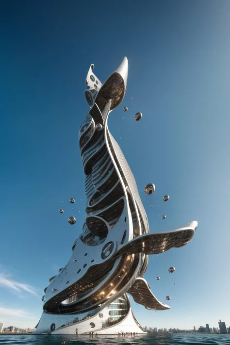 (floating in the sea:1.4) A futuristic and stunningly beautiful high-rise shopping center architectural structure with bold, futuristic design elements, blending seamlessly into the art form of digital illustration. Inspired by the works of Syd Mead. The scene showcases the center amidst a bustling city, its sleek lines contrasting with the urban environment. A warm color temperature adds vibrancy, highlighting the architectural details. Shoppers and visitors exhibit expressions of awe and excitement. Illuminated by soft, diffused lighting, the atmosphere exudes sophistication and promise of tomorrow
(masterpiece),(high quality), best quality, real,(realistic), super detailed, (full detail),(4k),8k,no humans, scenery, building, ((500-meter tall buildings)),outdoors, window, road, sky, street, lamppost, tree, power lines,,Organic modernist architecture, glass curtain walls, interesting shapes, super high-rise buildings in the block