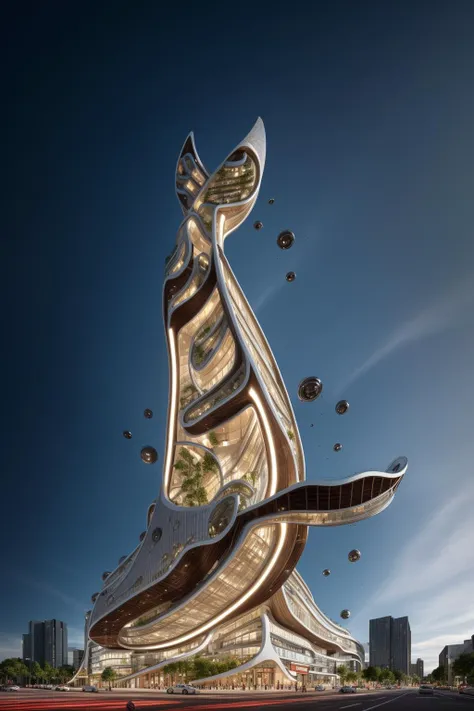 A futuristic and stunningly beautiful high-rise shopping center architectural structure with bold, futuristic design elements, blending seamlessly into the art form of digital illustration. Inspired by the works of Syd Mead. The scene showcases the center amidst a bustling city, its sleek lines contrasting with the urban environment. A warm color temperature adds vibrancy, highlighting the architectural details. Shoppers and visitors exhibit expressions of awe and excitement. Illuminated by soft, diffused lighting, the atmosphere exudes sophistication and promise of tomorrow
(masterpiece),(high quality), best quality, real,(realistic), super detailed, (full detail),(4k),8k,no humans, scenery, building, ((500-meter tall buildings)),outdoors, window, road, sky, street, lamppost, tree, power lines,,Organic modernist architecture, glass curtain walls, interesting shapes, super high-rise buildings in the block