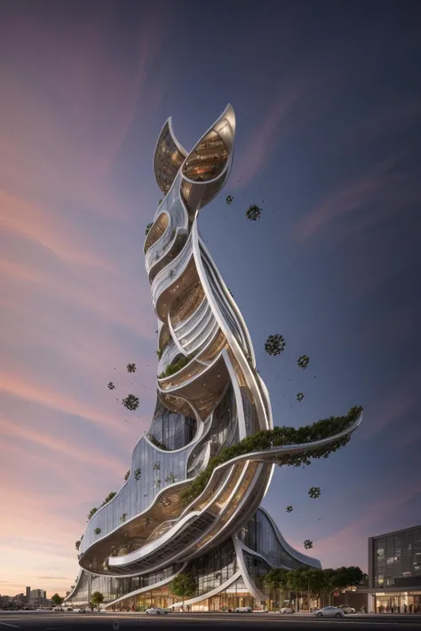 A futuristic and stunningly beautiful high-rise shopping center architectural structure with bold, futuristic design elements, blending seamlessly into the art form of digital illustration. Inspired by the works of Syd Mead. The scene showcases the center amidst a bustling city, its sleek lines contrasting with the urban environment. A warm color temperature adds vibrancy, highlighting the architectural details. Shoppers and visitors exhibit expressions of awe and excitement. Illuminated by soft, diffused lighting, the atmosphere exudes sophistication and promise of tomorrow
(masterpiece),(high quality), best quality, real,(realistic), super detailed, (full detail),(4k),8k,no humans, scenery, building, ((500-meter tall buildings)),outdoors, window, road, sky, street, lamppost, tree, power lines,,Organic modernist architecture, glass curtain walls, interesting shapes, super high-rise buildings in the block