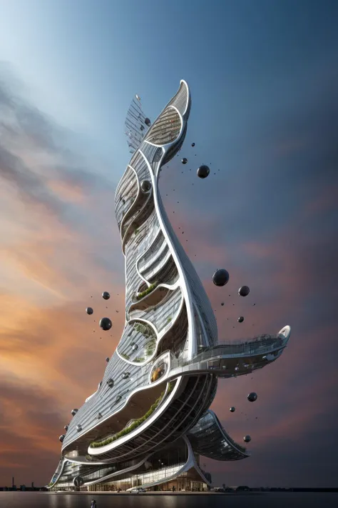 A futuristic and stunningly beautiful high-rise shopping center architectural structure with bold, futuristic design elements, blending seamlessly into the art form of digital illustration. Inspired by the works of Syd Mead. The scene showcases the center amidst a bustling city, its sleek lines contrasting with the urban environment. A warm color temperature adds vibrancy, highlighting the architectural details. Shoppers and visitors exhibit expressions of awe and excitement. Illuminated by soft, diffused lighting, the atmosphere exudes sophistication and promise of tomorrow
(masterpiece),(high quality), best quality, real,(realistic), super detailed, (full detail),(4k),8k,no humans, scenery, building, ((500-meter tall buildings)),outdoors, window, road, sky, street, lamppost, tree, power lines,,Organic modernist architecture, glass curtain walls, interesting shapes, super high-rise buildings in the block