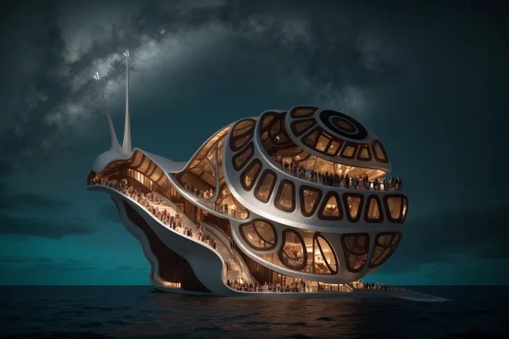 A captivating digital illustration portrays an iconic floating opera house surrounded by water. This masterpiece takes inspiration from renowned architectural marvels. The chosen artist, renowned for their ability to blend fantasy and reality, brings life to this imaginative scene. Vibrant colors dominate the image, creating a sense of wonder. The facial expressions of the attendees exude awe and admiration. Illuminated by ethereal lighting, the atmosphere feels enchanting