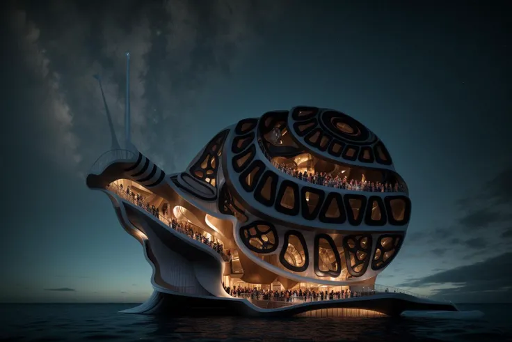 A captivating digital illustration portrays an iconic floating opera house surrounded by water. This masterpiece takes inspiration from renowned architectural marvels. The chosen artist, renowned for their ability to blend fantasy and reality, brings life to this imaginative scene. Vibrant colors dominate the image, creating a sense of wonder. The facial expressions of the attendees exude awe and admiration. Illuminated by ethereal lighting, the atmosphere feels enchanting