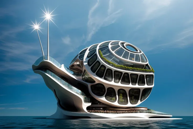 (floating in the sea:1.4) A futuristic and stunningly beautiful high-rise shopping center architectural structure with bold, futuristic design elements, blending seamlessly into the art form of digital illustration. Inspired by the works of Syd Mead. The scene showcases the center amidst a bustling city, its sleek lines contrasting with the urban environment. A warm color temperature adds vibrancy, highlighting the architectural details. Shoppers and visitors exhibit expressions of awe and excitement. Illuminated by soft, diffused lighting, the atmosphere exudes sophistication and promise of tomorrow
(masterpiece),(high quality), best quality, real,(realistic), super detailed, (full detail),(4k),8k,no humans, scenery, building, ((500-meter tall buildings)),outdoors, window, road, sky, street, lamppost, tree, power lines,,Organic modernist architecture, glass curtain walls, interesting shapes, super high-rise buildings in the block
