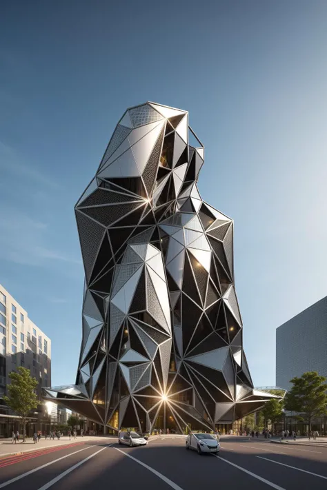 A futuristic and stunningly beautiful high-rise shopping center architectural structure with bold, futuristic design elements, blending seamlessly into the art form of digital illustration. Inspired by the works of Syd Mead. The scene showcases the center amidst a bustling city, its sleek lines contrasting with the urban environment. A warm color temperature adds vibrancy, highlighting the architectural details. Shoppers and visitors exhibit expressions of awe and excitement. Illuminated by soft, diffused lighting, the atmosphere exudes sophistication and promise of tomorrow
(masterpiece),(high quality), best quality, real,(realistic), super detailed, (full detail),(4k),8k,no humans, scenery, building, ((500-meter tall buildings)),outdoors, window, road, sky, street, lamppost, tree, power lines,,Organic modernist architecture, glass curtain walls, interesting shapes, super high-rise buildings in the block