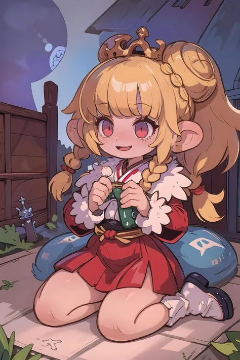 (masterpiece, best_quality, ultra-detailed, immaculate:1.3), epic, illustration, 1girl, close-up portrait, laughing barbarian huntresstoned, (fur armor:1.3), leather pauldrons, , (warpaint:1), glowing blonde hair, hair bun, kneeling, , in a village, in a bustling Japanese alley, bombshell hair, brown hair, bombshell hime cut,Twisted Crown Braid, body bridge<lora:EnvyCuteMix18:1>