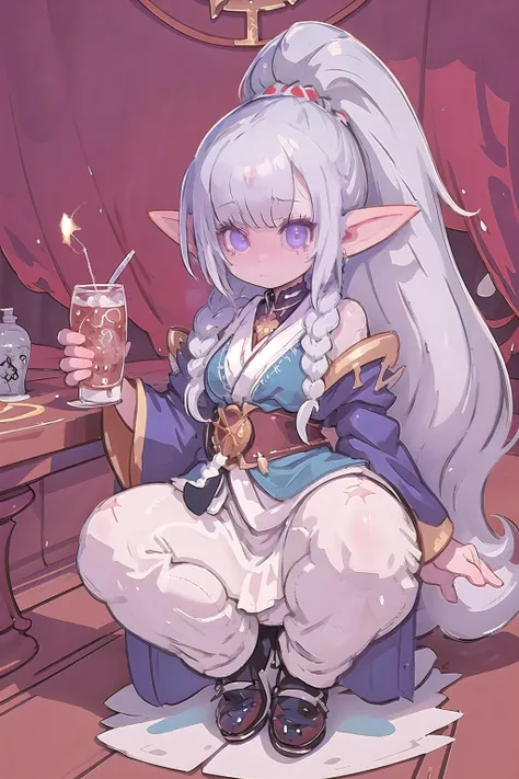 , (full body:1.2), (masterpiece, best_quality, ultra-detailed, immaculate:1.3), epic, illustration, welcoming, 1girl, witch, elf, white hair with slate blue highlights, ponytail,Waterfall Braid, casting spell, in a creepy classroom, at a bar, bombshell hair, platinum hair, hime cut, inugami-ke no ichizoku pose<lora:EnvyCuteMix18:1>