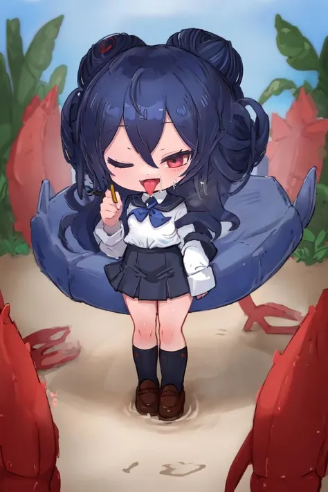 ((best quality)), ((highly detailed)), masterpiece, (detailed eyes, deep eyes), (1girl), <lora:fellatioGestureTest_v10:1>, ok sign, ((one eye closed)), open mouth, tongue out, (drooling), <lora:aiomonstergirls_loraLocon:.8>, <lora:crabGirl:.3>, (crab girl), arthropod girl, crab claws, carapace, blue hair, navel, beach, underwater, (inside, in a classroom, desks, a teacher, standing, pencil skirt, partially unbuttoned shirt, cleavage, hair in a bun ((BREAK)) and multiple girls, a schoolgirl, schoolgirl uniform, pleated skirt), <lora:EnvyCuteMix18:.9>, (cute), (chibi:1.3)