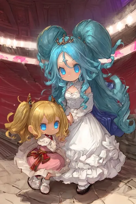 ((best quality)), ((highly detailed)), masterpiece, (detailed eyes, deep eyes), (1girl), ((2girls)), yuri scene, multiple girls, <lora:hairdetailer:1>, princess, ((very long hair)), curly hair, blonde hair, large dress, tiara, (in a stadium), <lora:EnvyCuteMix18:1>, (cute), (chibi:1.3)