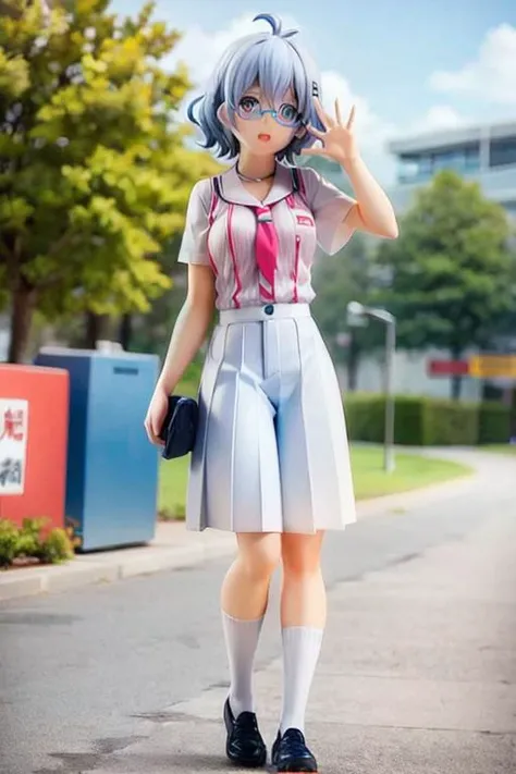 <lora:0849Hhatsuse:1>,hatsuse,white baseball_uniform,pink vertical-striped,pleated skirt,sailor_collar,glasses,blue hair,<lora:popupparade-10:1>,