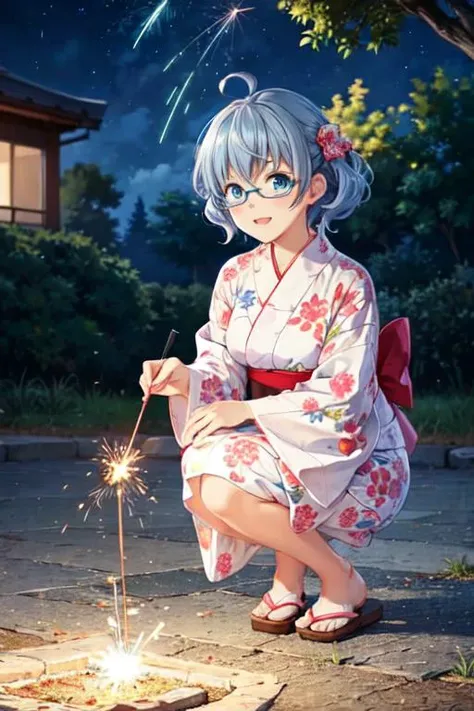 <lora:0849Hhatsuse:1>,hatsuse,<lora:handheld_fireworks_v1:0.3>,yukata,sparkler,squatting,night,