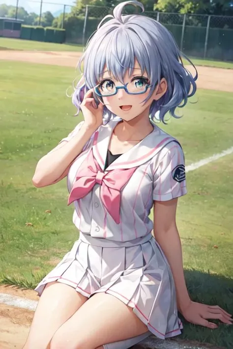 <lora:0849Hhatsuse:1>,hatsuse,white baseball uniform,pink vertical-striped,pleated skirt,sailor collar,