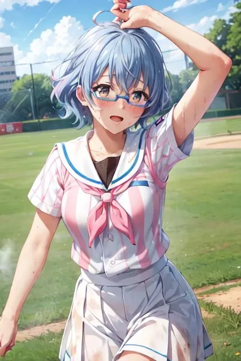 <lora:0849Hhatsuse:1>,hatsuse,blue hair,white baseball uniform,pink vertical-striped,pleated skirt,sailor collar,running,dirty_clothes,sweat,exhausted,