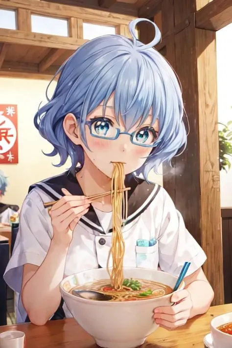 <lora:0849Hhatsuse:1>,hatsuse,serafuku,indoor,<lora:ramen_v1.4:1>,ramen,chopsticks,eating,