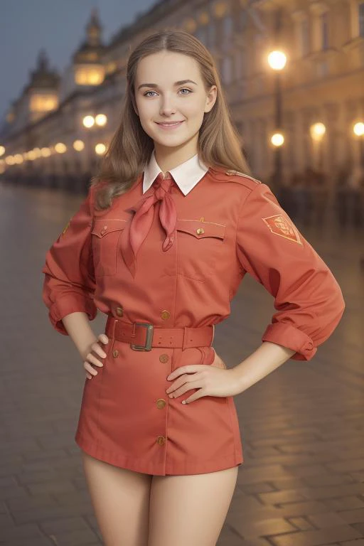 <lora:DDCrossedLegs_ddcV2:0.5> standing, masterpiece, best quality, smiling 20 year old european woman, soviet pioneer , soviet flag, soviet, sopi <lora:sovietPioneers_sopiV10:0.8> at night ,realistic scene, detailed hands, placed on hip