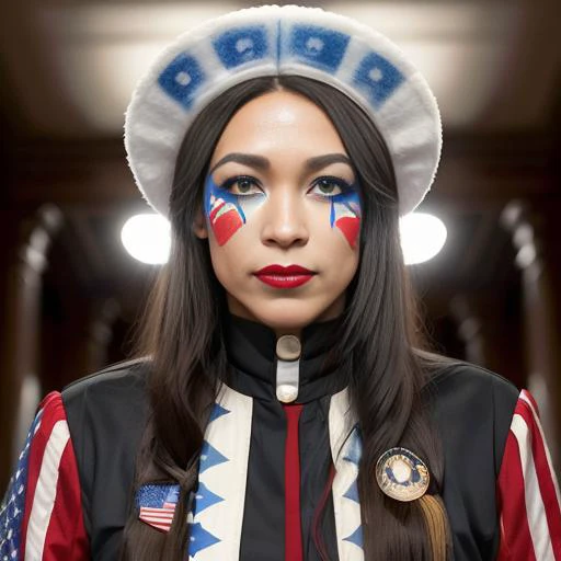 <lora:alexandriaOcasioCortez_10:0.6>, alexandriaocasiocortez woman as female q4n0n5h4m4n, facepaint, horns, patriotic, , (congress:1.4) after (dark:1.2), hdr, USA, photo, 4k