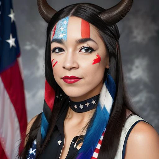 <lora:alexandriaOcasioCortez_10:0.6>, alexandriaocasiocortez woman as female q4n0n5h4m4n, facepaint, horns, patriotic, , (congress:1.4) after (dark:1.2), hdr, USA, photo, 4k