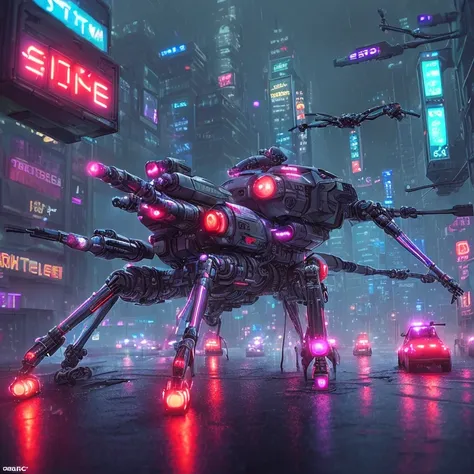 (naked cybernetic girl:1.2) prostitute riding small futuristic spider tank walking on (spider legs:1.2), cameras, guns, missile pods, red lights, with "police" sign, extremely detailed, neon lights, heavy rain, night cyberpunk city, photorealistic, depth of field