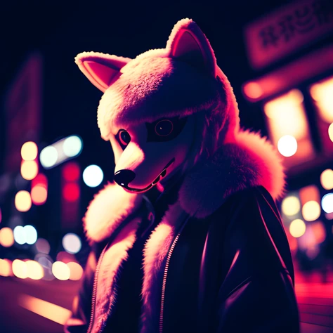 real fur, girl in fursuit in tokyo, dramatic lighting