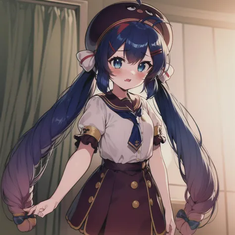 masterpiece, best quality, Otomachi Una, (1girl), long hair, twintails, blue eyes, posing, ahoge, hair ornament, sailor collar, glasses, hairclip, red-framed eyewear, skirt, fang, hat, braid, gradient hair, bow <lora:OtomachiUna:.8>