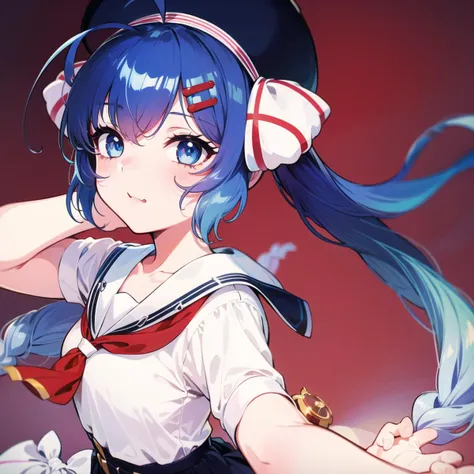 masterpiece, best quality, Otomachi Una, (1girl), long hair, twintails, blue eyes, posing, ahoge, hair ornament, sailor collar, glasses, hairclip, red-framed eyewear, skirt, fang, hat, braid, gradient hair, bow <lora:OtomachiUna:.8>