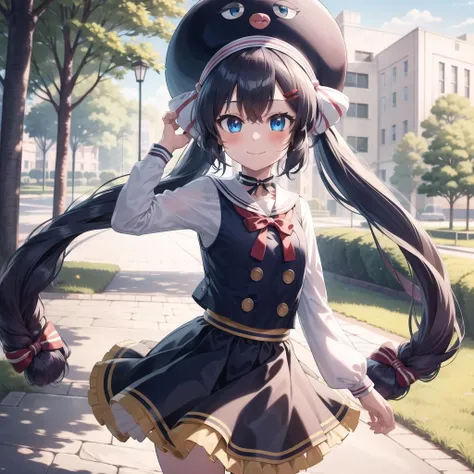 masterpiece, best quality, Otomachi Una, (1girl), long hair, twintails, blue eyes, posing happily, ahoge, hair ornament, sailor collar, glasses, hairclip, red-framed eyewear, skirt, fang, hat, braid, gradient hair, bow, in a park, <lora:OtomachiUna-10 1:.8>