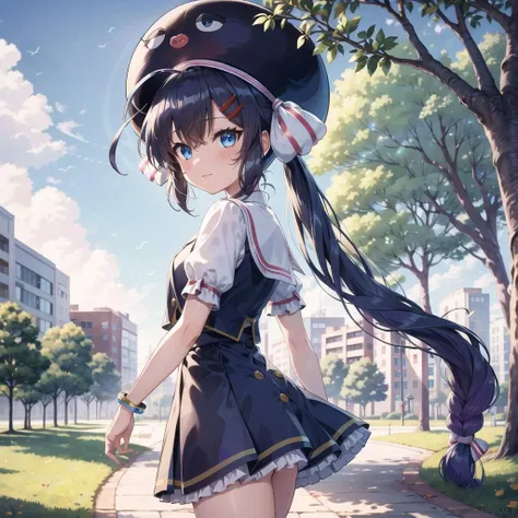 masterpiece, best quality, Otomachi Una, (1girl), long hair, twintails, blue eyes, ahoge, hair ornament, sailor collar, glasses, hairclip, red-framed eyewear, skirt, fang, hat, braid, gradient hair, bow, in a park,  <lora:OtomachiUna-10 1:.8>