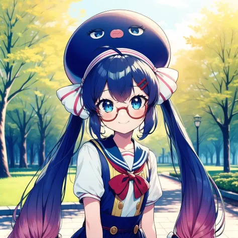 masterpiece, best quality, Otomachi Una, (1girl), long hair, twintails, blue eyes, posing happily, ahoge, hair ornament, sailor collar, glasses, hairclip, red-framed eyewear, skirt, fang, hat, braid, gradient hair, bow, in a park, <lora:OtomachiUna:.9>