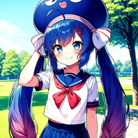 masterpiece, best quality, Otomachi Una, (1girl), long hair, twintails, blue eyes, posing happily, ahoge, hair ornament, sailor collar, glasses, hairclip, red-framed eyewear, skirt, fang, hat, braid, gradient hair, bow, in a park, <lora:OtomachiUna:.9>