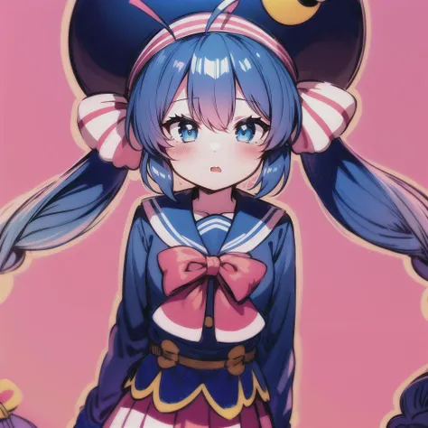 masterpiece, best quality, Otomachi Una, (1girl), long hair, twintails, blue eyes, ahoge, hair ornament, sailor collar, glasses, hairclip, red-framed eyewear, skirt, fang, hat, braid, gradient hair, bow <lora:OtomachiUna:.8>