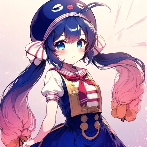 masterpiece, best quality, Otomachi Una, (1girl), long hair, twintails, blue eyes, posing, ahoge, hair ornament, sailor collar, glasses, hairclip, red-framed eyewear, skirt, fang, hat, braid, gradient hair, bow <lora:OtomachiUna:1>