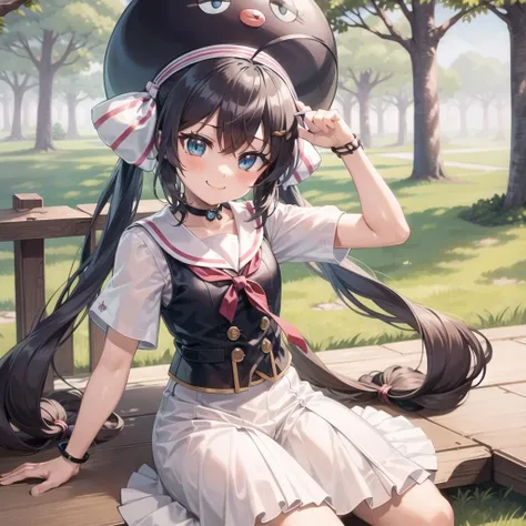 masterpiece, best quality, Otomachi Una, (1girl), long hair, twintails, blue eyes, posing happily, ahoge, hair ornament, sailor collar, glasses, hairclip, red-framed eyewear, skirt, fang, hat, braid, gradient hair, bow, in a park, <lora:OtomachiUna-10 1:.8>