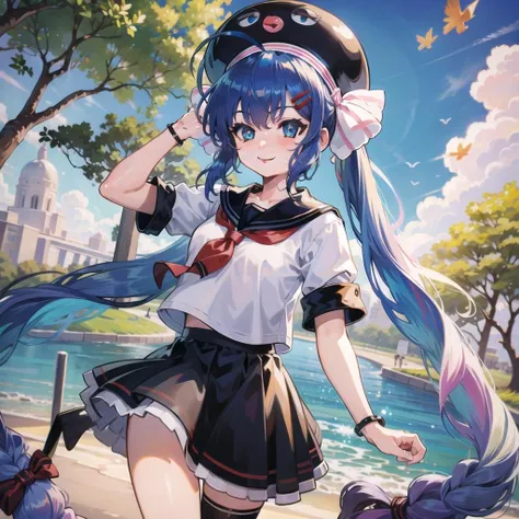 masterpiece, best quality, Otomachi Una, (1girl), long hair, twintails, blue eyes, posing happily, ahoge, hair ornament, sailor collar, glasses, hairclip, red-framed eyewear, skirt, fang, hat, braid, gradient hair, bow, in a park, <lora:OtomachiUna-10 1:.8>