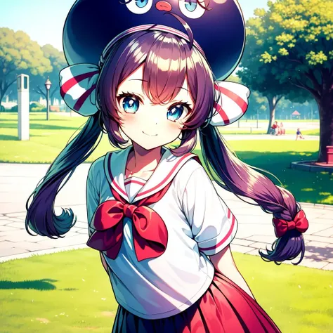 masterpiece, best quality, Otomachi Una, (1girl), long hair, twintails, blue eyes, posing happily, ahoge, hair ornament, sailor collar, glasses, hairclip, red-framed eyewear, skirt, fang, hat, braid, gradient hair, bow, in a park, <lora:OtomachiUna:.8>