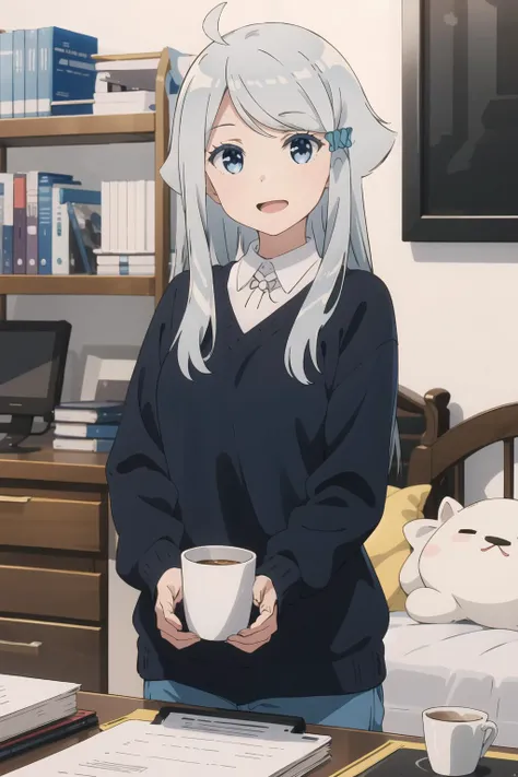 best quality, masterpiece, detailed,
KaniNayuta,
solo, open mouth, smile,
grey hair, blue eyes, long hair, hair scrunchie, (blue scunchie:1.2), hair flaps, ahoge,
NayuSweater, black sweater, white shirt, collared shirt, ribbon,
standing, head tilt, looking at viewer,
indoors, bookshelf, bed, computer <lora:ImoutoSaeIrebaIi_KaniNayuta:0.8>