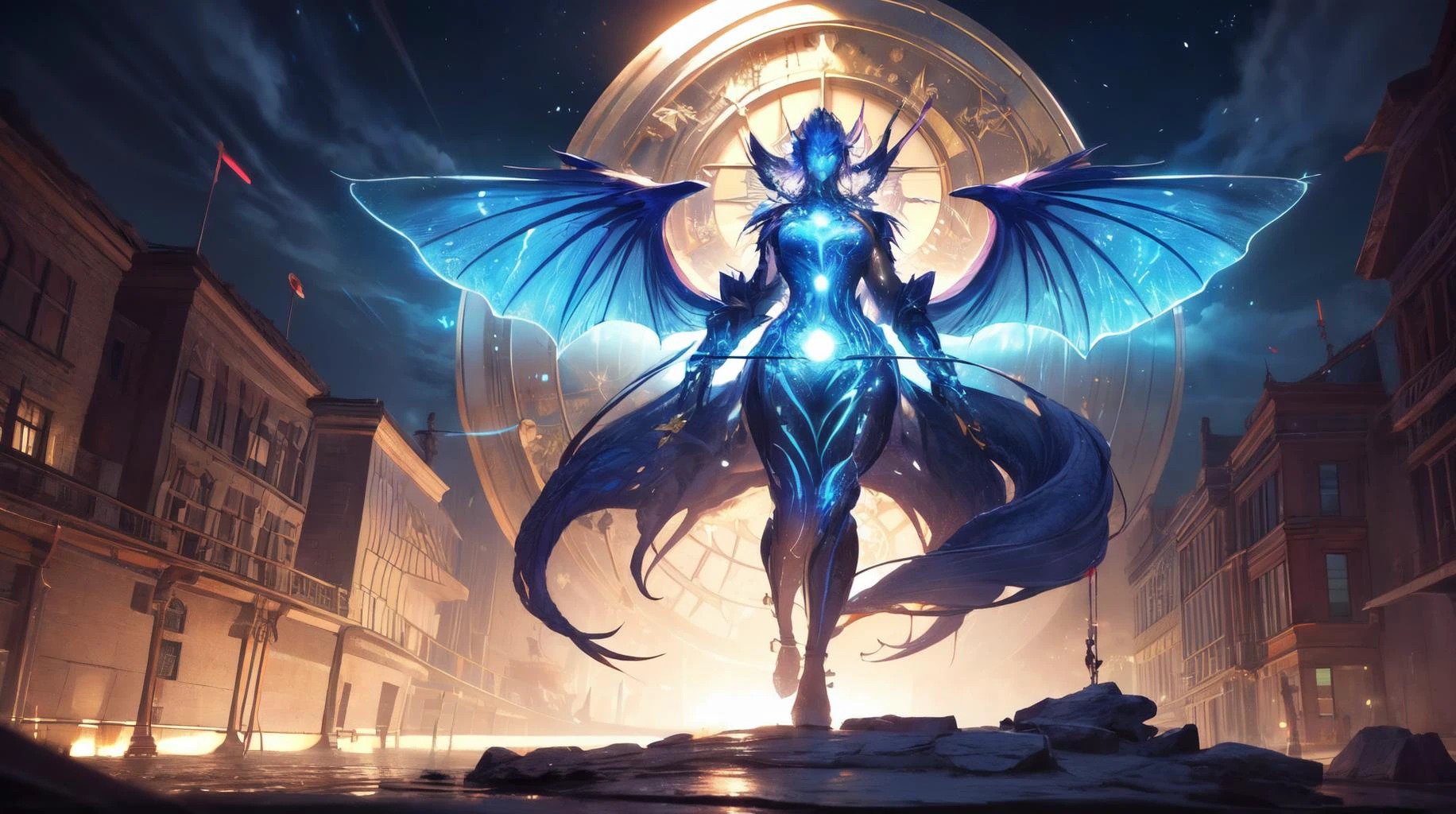 (masterpiece, best quality, fullscreen), [(full body:1.2)::0.1] (photo of a colossal [Ferocious::0.1] [magical being:creature:0.2]:1.4), <lora:EYES Fire:0.4 blue fire, (bioluminescent glowing Braided skin:1.5), (Ethereal:0), (Well-formed Back Muscles:1.2), (Dark Wings Rounded Ears:1.2), (Prehistoric Feline body with Dragon head and with many Digitigrade Appendages:1), (Cry expression), (giant Polished sundial in the background:1.4), ([Quantum Lights,Enchanted Moonlight]:1.2), (Cheerful atmosphere:1), <lora:EFFECT GearUniverse:0.2> ( gears), , <lora:MONSTER ral-zhibi-sd15:0.1> zhibi, , (look at the viewer:1.2), ,<lora:LIGHT ALL IN ONE LORA HD v1:0.2>, <lora:QUALITY Better_Nature_v1:0.2>, (Full body Shot, Shallow Focus Shot, Low Angle Shot:[1.2:0.5:0.1]), heavily detailed, , (asymmetric composition:1.6), (sharp focus), , (no humans), ricate, elegant, highly detailed, centered, digital painting, artstation, concept art, aperture f2.8 aperture, aperture 4k, cinematic, photography, octane render, 8k