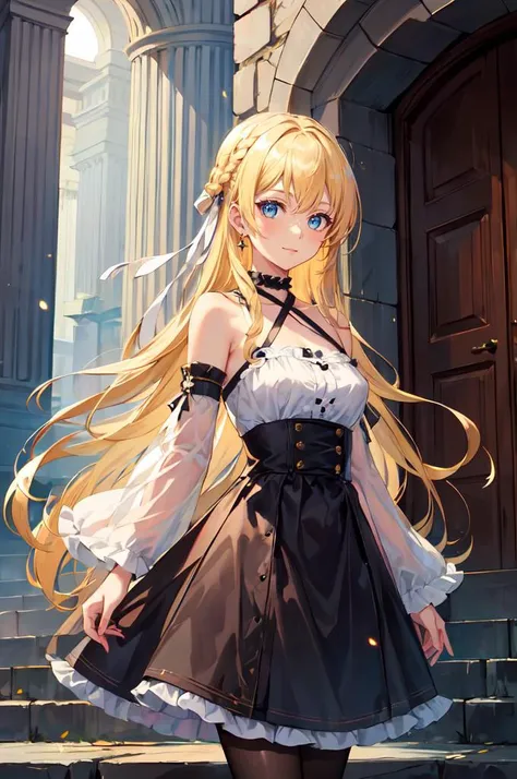 ultra detailed, masterpiece, best quality, detailed backgound, column lineup, marble \(stone\), stone wall, stone stairs, color lights, light particles,
solo, cowboy shot, straight-on, soft smile, light smile,
1girl, blue eyes, very long hair, blonde hair, long blonde hair, french braid, bangs, medium breasts,, hair ribbon, frilled choker, criss-cross halter, sleeveless dress, high-waist skirt, backless dress, waist bow, detached sleeves, frilled sleeves, wide sleeves, pantyhose, patterned legwear, mary janes, <lora:ALL IN ONE LORA v2:0.25>