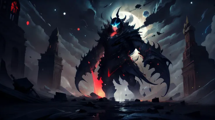 (masterpiece, best quality, fullscreen), [(full body:1.2)::0.1] portrait (photo of a giant death [magical being:creature:0.2] inspring fear and sorrow:1.3), <lora:EYES darkness_v100:0.5> (at night, darkness, no light), (wearing glowing ragged Mystic Mantle:1.2), (Millipede body shape:1), (Hollow head:1.1), (many Padded Appendages:1.2), <lora:EFFECT epoxy_skull-batchsize1-bf16:0.3> epoxy_skull, <lora:EFFECT BoneyardAI:0.1> boneyardai, <lora:MONSTER fenrir2023:0.6> (fenrir2023:1.1), (background sinister ruins), Circulation black ink clouds and the full moon in the sky), (High Contrast lighting:1), , <lora:BACKGROUND nighcore:.3>, <lora:QUALITY Space - [Background] - Version 1:0.4>, , (look at the viewer:1.2), ,<lora:LIGHT ALL IN ONE LORA HD v1:0.2>, <lora:LIGHT epi_noiseoffset2:0.3>, <lora:QUALITY kkw-better-v1.0a:0.6>, (Full body Shot, Shallow Focus Shot, Low Angle Shot:[1.2:0.5:0.1]), heavily detailed, gloomy, , (sharp focus), , (no humans), remely detailed face, clean lines, utopia, neon, rendered in Octane, rendered in Unreal Engine, trending on cgstudio, trending on artstationhq3.5, f/3