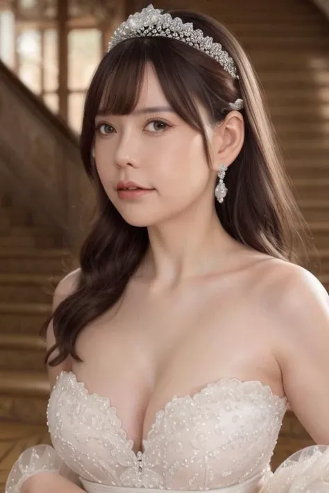 (photo realistic:1.55), <lora:angie_lora-05:1>, 1girl, strapless wedding princess dress, huge cleavage, masterpiece, best quality, detailed, blurry, depth_of_field, blurry_background, blurry_foreground, 1girl, gloves, white_gloves, motion_blur, photo_\(medium\), solo, 3/4 body shot, <lora:weddingPrincessDress_v10:0.3>, staircase, in fantastic background