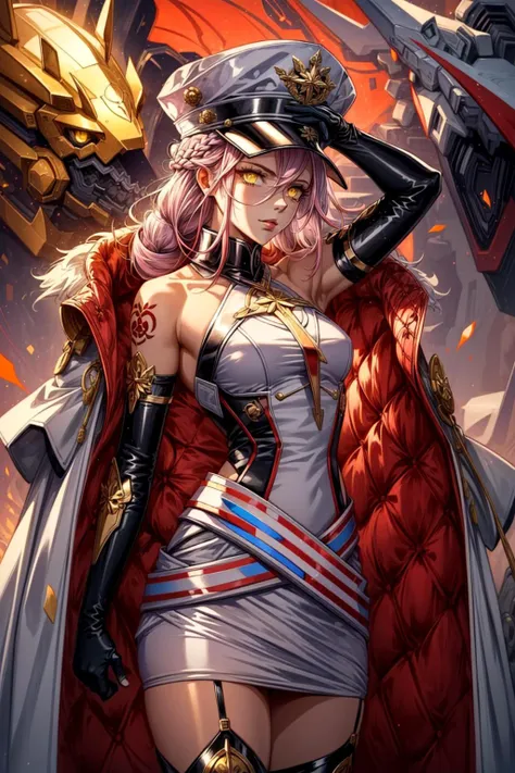 (;3:1.1),<lora:EnvyBeautyMix21:0.8>,<lora:dslandy_lc_768:0.8>,dslandy,pink hair,long hair,braid,yellow eyes,android,barcode tattoo,military uniform,white dress,cape,hat,elbow gloves,red thighhighs,