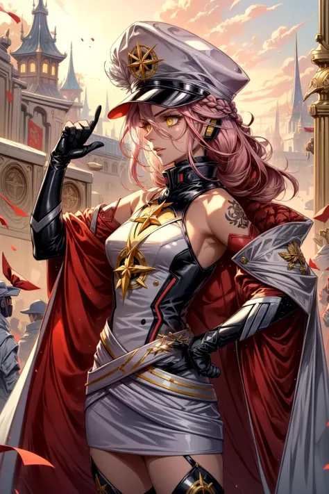 (;3:1.1),<lora:EnvyBeautyMix21:0.8>,<lora:dslandy_lc_768:0.8>,dslandy,pink hair,long hair,braid,yellow eyes,android,barcode tattoo,military uniform,white dress,cape,hat,elbow gloves,red thighhighs,